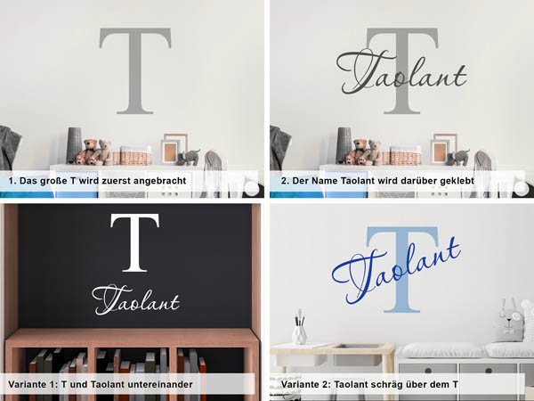 Verschiedene Anordnungen des Wandtattoos Taolant