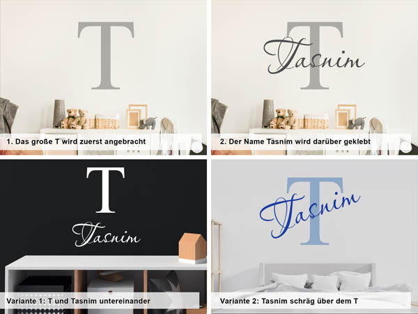 Verschiedene Anordnungen des Wandtattoos Tasnim