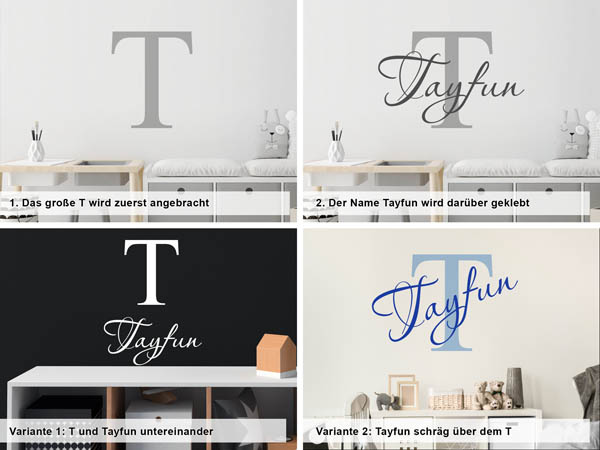Verschiedene Anordnungen des Wandtattoos Tayfun