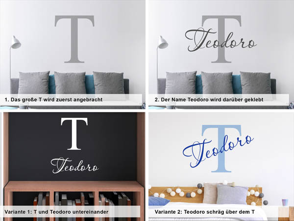 Verschiedene Anordnungen des Wandtattoos Teodoro