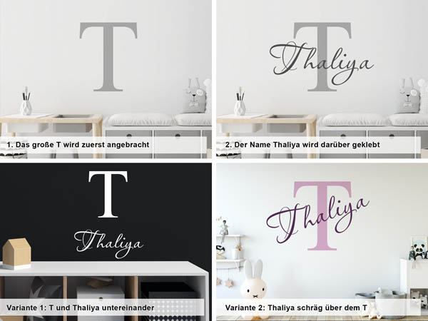 Verschiedene Anordnungen des Wandtattoos Thaliya