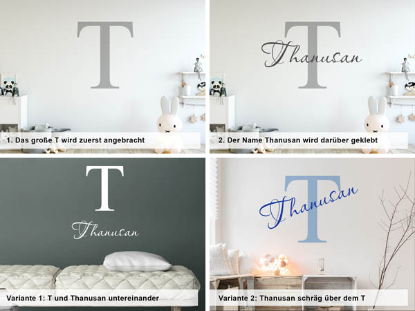 Verschiedene Anordnungen des Wandtattoos Thanusan