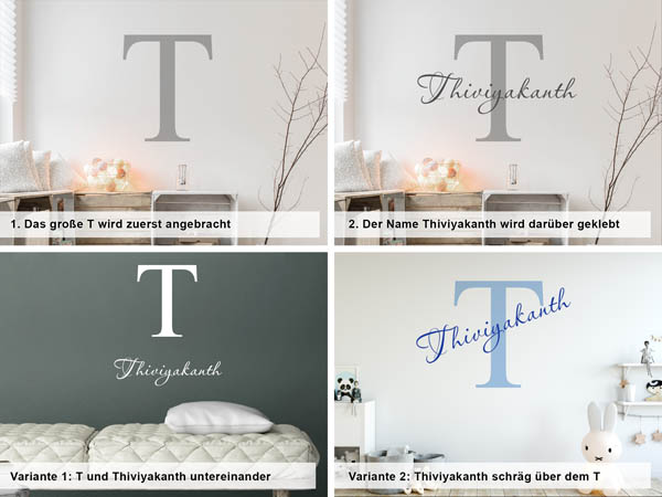 Verschiedene Anordnungen des Wandtattoos Thiviyakanth