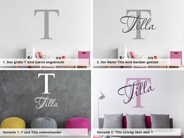 Verschiedene Anordnungen des Wandtattoos Tilla