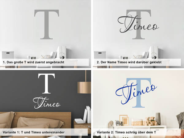 Verschiedene Anordnungen des Wandtattoos Timeo