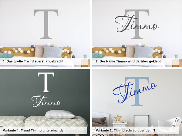 Verschiedene Anordnungen des Wandtattoos Timmo