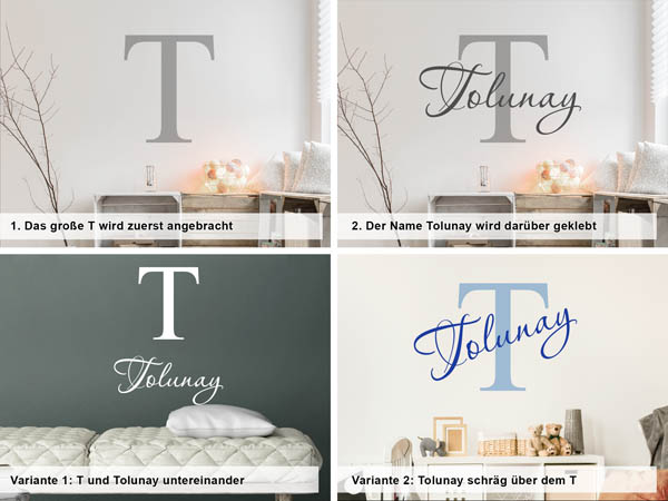 Verschiedene Anordnungen des Wandtattoos Tolunay