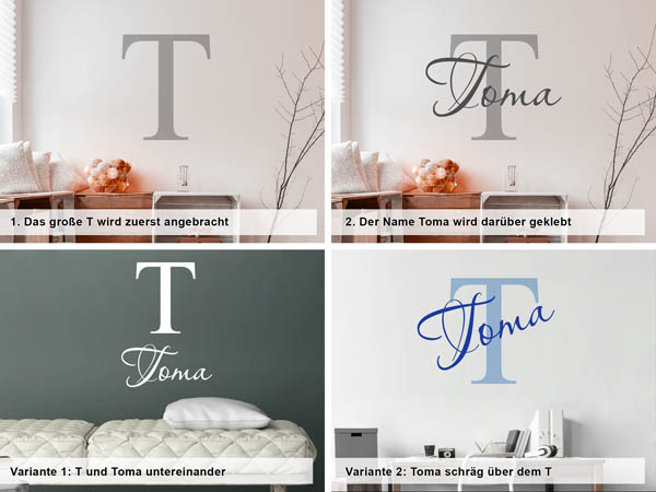 Verschiedene Anordnungen des Wandtattoos Toma