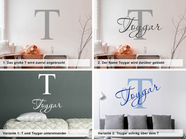 Verschiedene Anordnungen des Wandtattoos Toygar