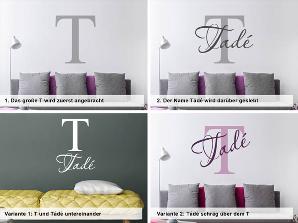 Verschiedene Anordnungen des Wandtattoos Tádé