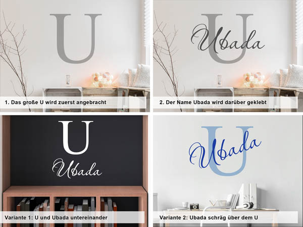 Verschiedene Anordnungen des Wandtattoos Ubada