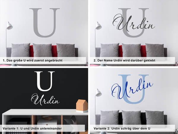 Verschiedene Anordnungen des Wandtattoos Urdin