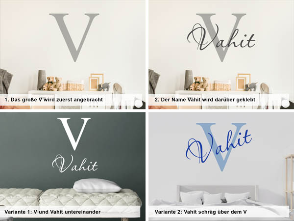 Verschiedene Anordnungen des Wandtattoos Vahit