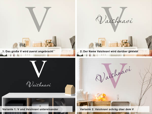Verschiedene Anordnungen des Wandtattoos Vaishnavi