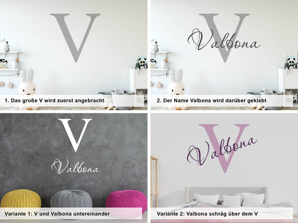 Verschiedene Anordnungen des Wandtattoos Valbona
