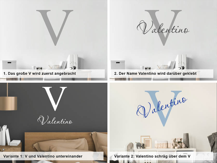 Verschiedene Anordnungen des Wandtattoos Valentino