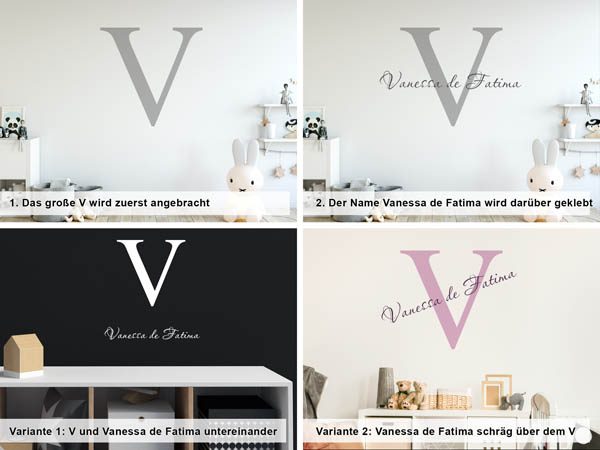 Verschiedene Anordnungen des Wandtattoos Vanessa de Fatima