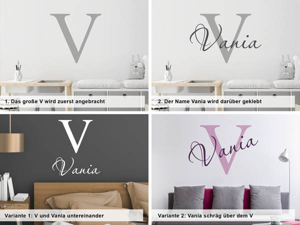 Verschiedene Anordnungen des Wandtattoos Vania
