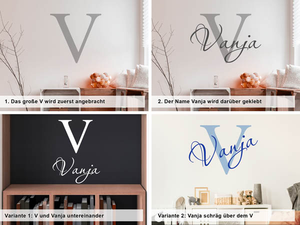 Verschiedene Anordnungen des Wandtattoos Vanja