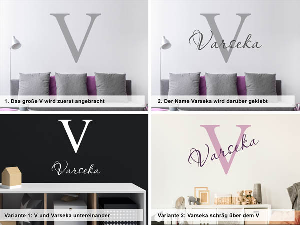 Verschiedene Anordnungen des Wandtattoos Varseka