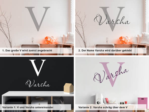 Verschiedene Anordnungen des Wandtattoos Varsha