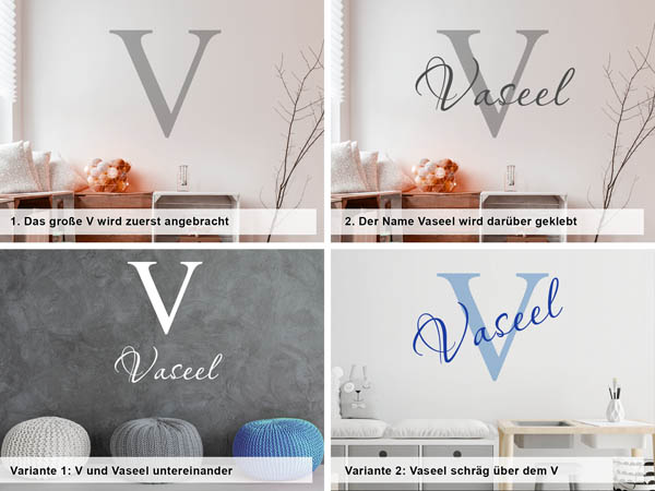 Verschiedene Anordnungen des Wandtattoos Vaseel