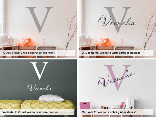 Verschiedene Anordnungen des Wandtattoos Veenaha