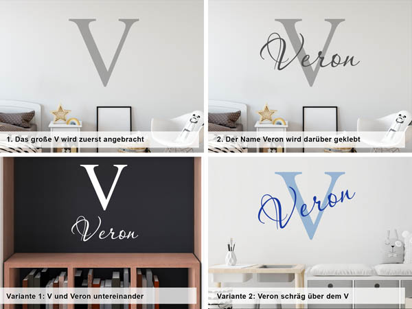 Verschiedene Anordnungen des Wandtattoos Veron