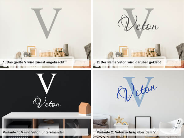 Verschiedene Anordnungen des Wandtattoos Veton