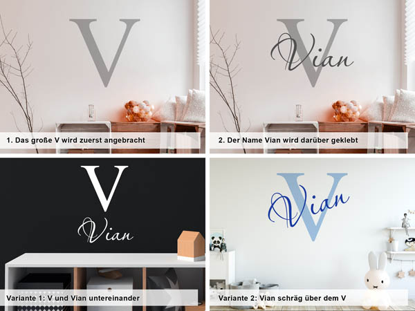Verschiedene Anordnungen des Wandtattoos Vian