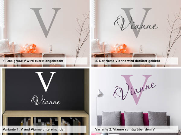 Verschiedene Anordnungen des Wandtattoos Vianne