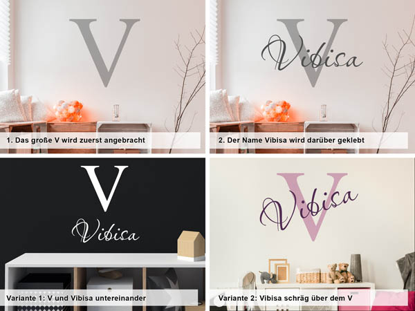 Verschiedene Anordnungen des Wandtattoos Vibisa