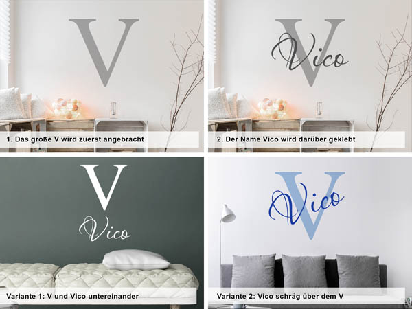 Verschiedene Anordnungen des Wandtattoos Vico