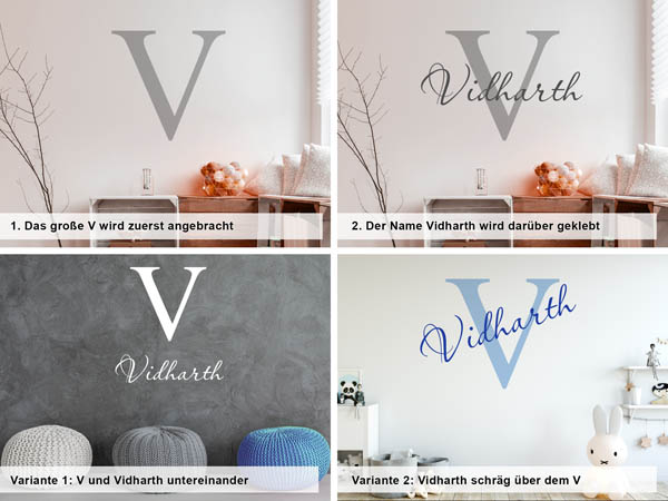 Verschiedene Anordnungen des Wandtattoos Vidharth
