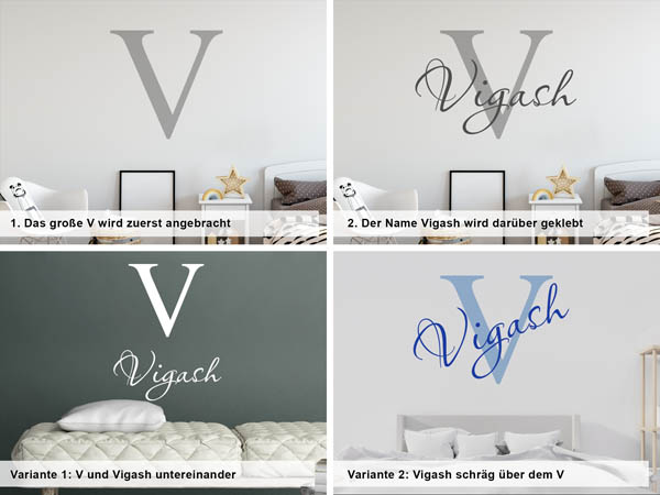 Verschiedene Anordnungen des Wandtattoos Vigash