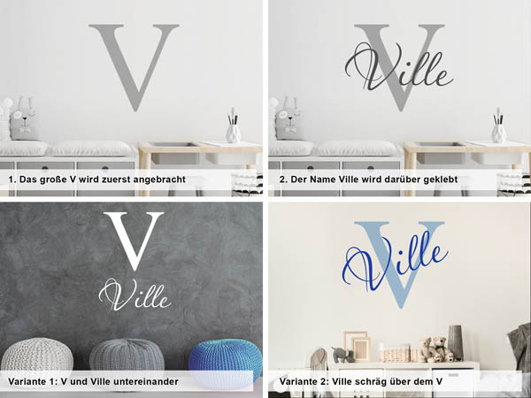 Verschiedene Anordnungen des Wandtattoos Ville