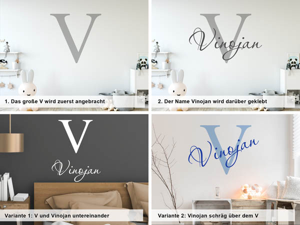 Verschiedene Anordnungen des Wandtattoos Vinojan