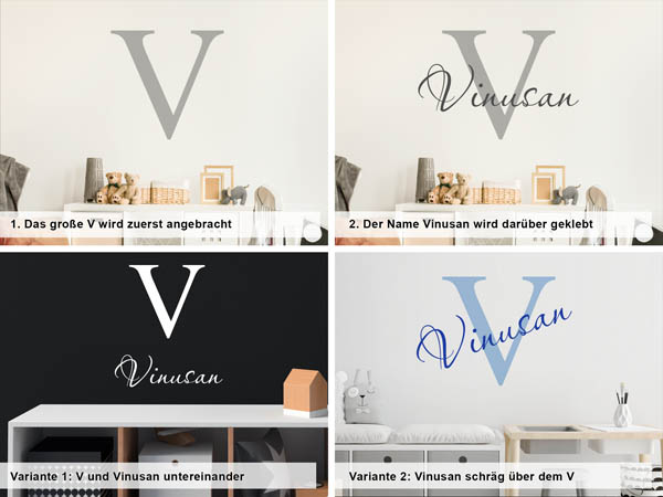 Verschiedene Anordnungen des Wandtattoos Vinusan