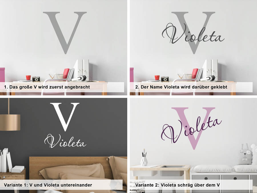 Verschiedene Anordnungen des Wandtattoos Violeta