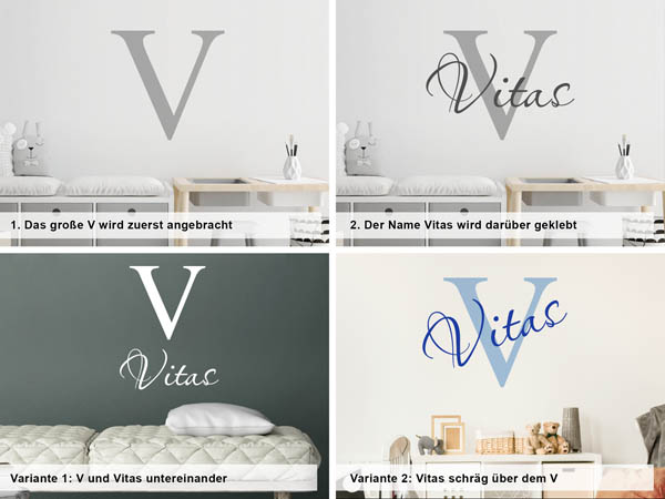 Verschiedene Anordnungen des Wandtattoos Vitas
