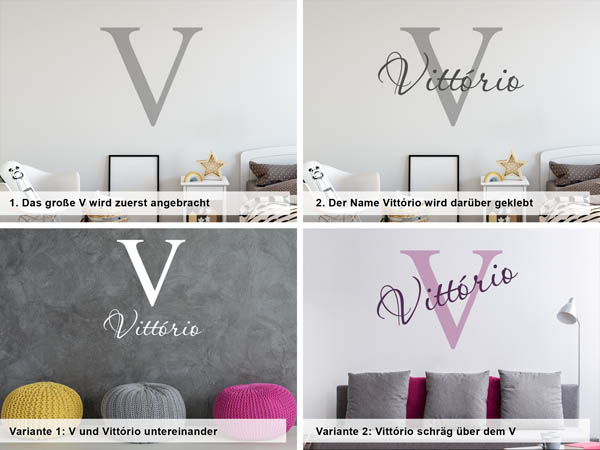 Verschiedene Anordnungen des Wandtattoos Vittório