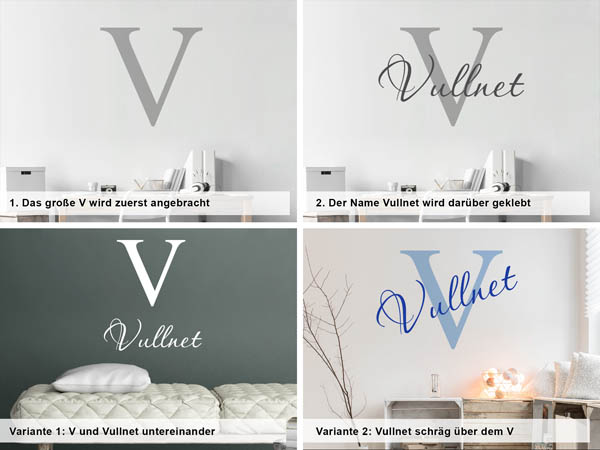 Verschiedene Anordnungen des Wandtattoos Vullnet