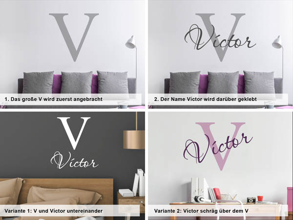 Verschiedene Anordnungen des Wandtattoos Víctor