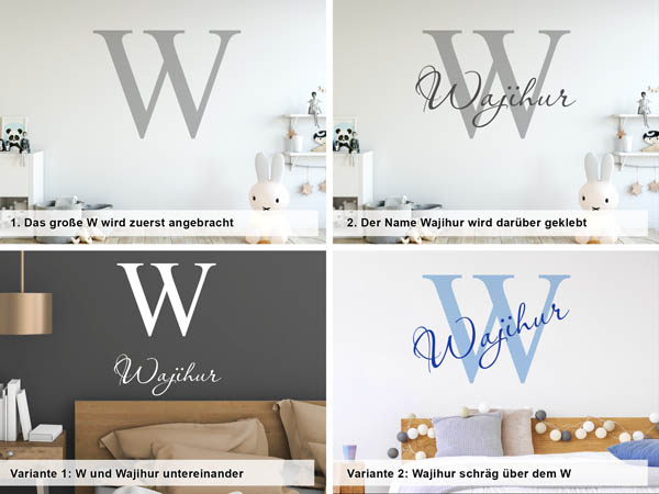 Verschiedene Anordnungen des Wandtattoos Wajihur