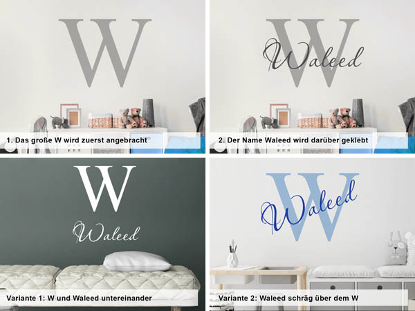 Verschiedene Anordnungen des Wandtattoos Waleed