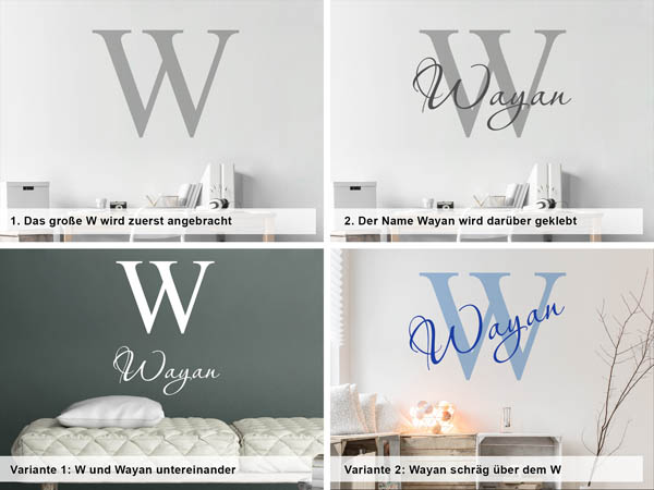 Verschiedene Anordnungen des Wandtattoos Wayan