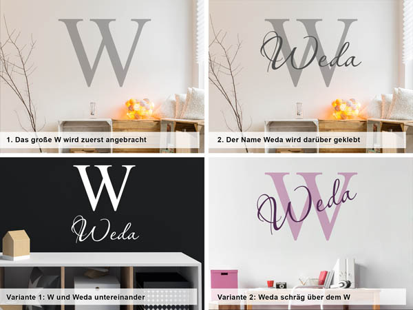Verschiedene Anordnungen des Wandtattoos Weda