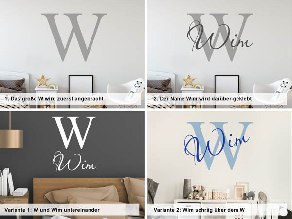 Verschiedene Anordnungen des Wandtattoos Wim