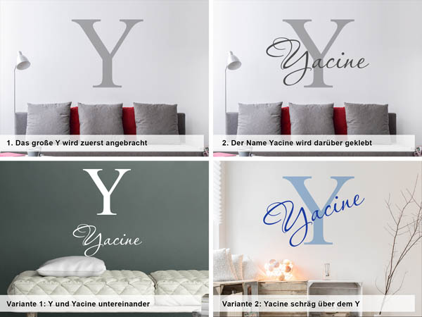 Verschiedene Anordnungen des Wandtattoos Yacine