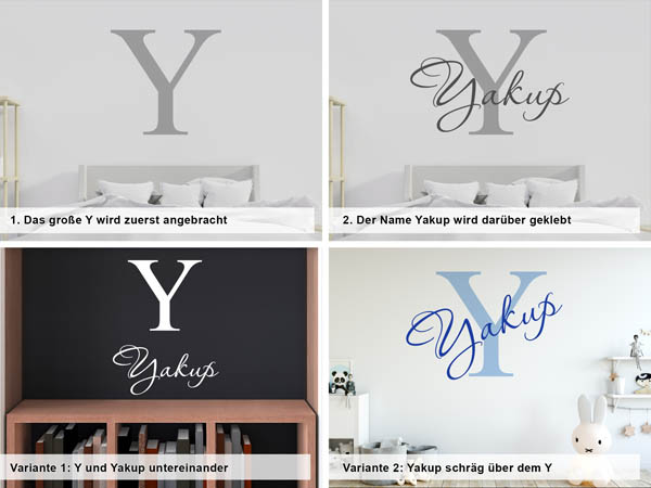 Verschiedene Anordnungen des Wandtattoos Yakup